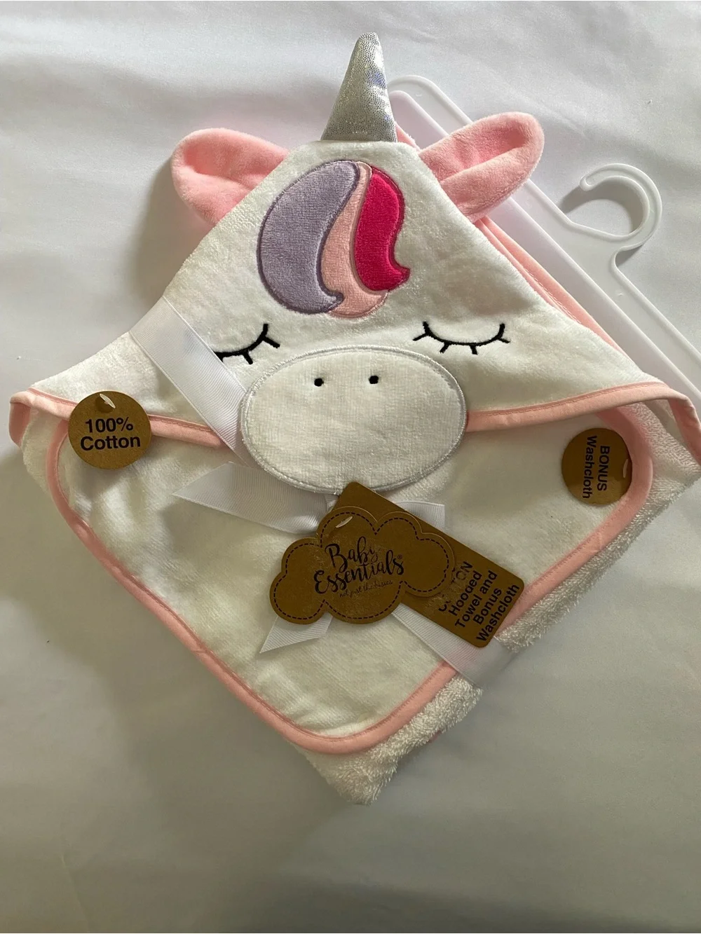 Baby Essentials Pink and White Unicorn Hooded Bib Towel